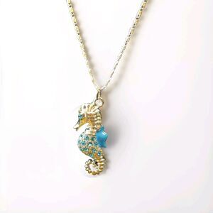 22" Women's Necklace Silver Tone Chain W/ Seahorse Pendant Blue Crystal Accents